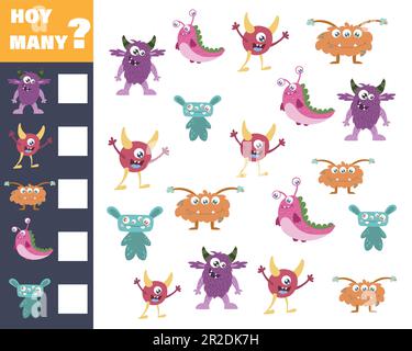 Zählspiel für Vorschulkinder. Mathematikspiel. Zählen Sie, wie viele Monster es gibt Stock Vektor