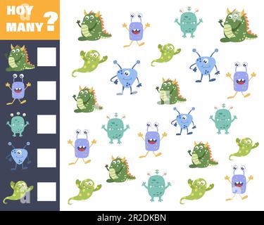 Zählspiel für Vorschulkinder. Mathematikspiel. Zählen Sie, wie viele Monster es gibt Stock Vektor