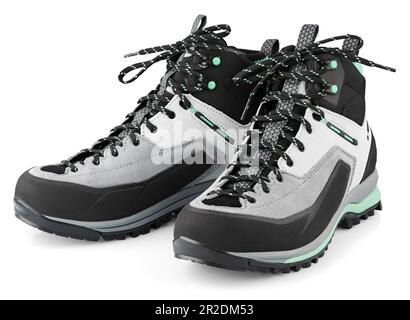 Neue Sportwanderstiefel mit Schnürsenkel, isoliert auf weißem Hintergrund. Wanderschuhe im Winter mit Clipping Path. Volle Schärfentiefe Stockfoto