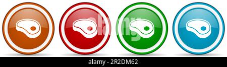 Fleisch, hochglänzende Steaks, ein Satz moderner Designtasten für Web-, Internet- und mobile Anwendungen in vier Farben, isoliert auf weißem Hintergrund Stockfoto