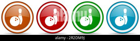 Glänzende Bowling-Symbole, ein Satz moderner Designschaltflächen für Web-, Internet- und mobile Anwendungen in vier Farben, isoliert auf weißem Hintergrund Stockfoto
