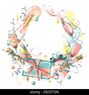 Der festliche Rahmen ist rund, mit rosa Champagner in Flaschen und Gläsern, mit Kuchen, Flaggen, Konfetti und Geschenken. Aquarell, handgezeichnet Stockfoto