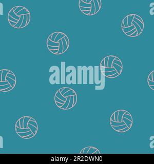 Volleyball-Illustration auf blauem Hintergrund. Farbe Gelb und Weiß mit blauem Umriss. Nahtloses Muster. Handgezeichneter Vektor. doodle Art für Tapete, w Stock Vektor