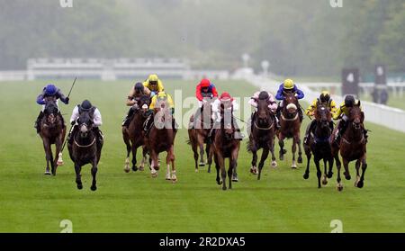 Mabre fuhr mit Olivia Tubb (zweite Straße links) auf dem Weg zum Starlight Apprentice Handicap auf der Rennbahn Newbury, Berkshire. Foto: Freitag, 19. Mai 2023. Stockfoto