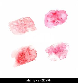 Abstrakter Spritzer roten Saft. Aquarelltextur von roter Farbe, isoliert auf weißem Hintergrund. Kollektion von Farbspritzern für den Hintergrund. Stockfoto
