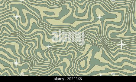 Abgefahrener, groovy Hippie-Hintergrund. Abstrakter psychedelischer Retro-Hintergrund. Pastellgrüne Wellen, Wirbel, Wirbel und Sterne oder glitzerndes Muster. Verdreht Stock Vektor