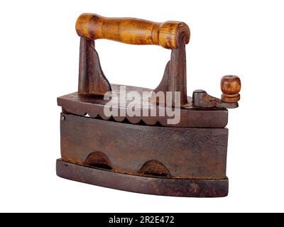 Eine alte rostige Nahaufnahme aus Glätteisen, isoliert auf weißem Hintergrund Stockfoto