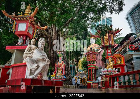 Hongkong, China - 10 2023. April: Kwan-Yin-Schrein im Tin-Hau-Tempel farbenfrohe Gottesstatuen an der Repulse Bay ist ein malerischer taoistischer Tempel Stockfoto