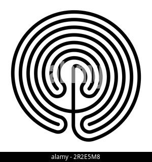 Kreisförmiges kretisches Labyrinth. Klassisches Design eines einzigen Weges in sieben Gängen, dargestellt auf Silbermünzen von Knossos. Stockfoto