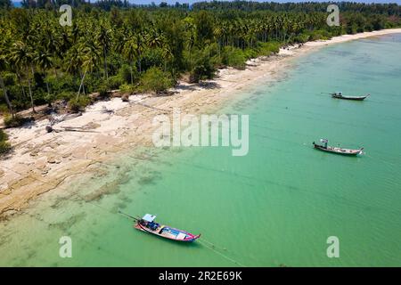 Traditionelle thailändische Langschwanz-Fischerboote vor einem kleinen, von Palmen gesäumten tropischen Strand (Khao Lak, Thailand) Stockfoto