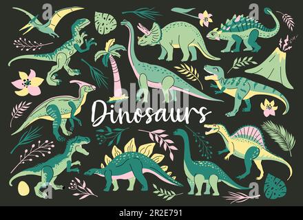 Süße, leuchtende Dinosaurier wie T-rex, Brontosaurus, Triceratops, Velociraptor, Pteranodon, Allosaurus usw. Isoliert im Dunkeln mit grünen Pflanzen Stock Vektor
