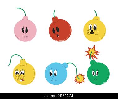 Verrückte Bombe, Maskottchen-Charaktere. Doodle-Waffenaufkleber, Dynamiten mit niedlichen, lustigen Gesichtern, als Beispiele für 50s, 60s alte Animationsstile. Stock Vektor