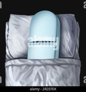 Melatonin-Insomnie-Konzept und Schlafstörung Schlaflosigkeit oder Schlafstörungen und Schlafstörungen als Pille im Bett auf einem Kissen. Stockfoto