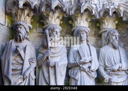 Skulpturenbilder der Heiligen Apostel an der Wand der Fassade der Kathedrale Saint Fin Barre in Cork, Irland. Die Apostel Andrew, James Major, Th Stockfoto