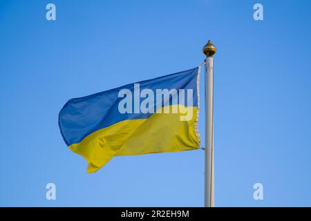 Eine ukrainische blaue und gelbe Flagge hängt an einem Fahnenmast vor klarem Himmel. Die ukrainische Flagge winkt im Wind gegen den blauen Himmel. Stockfoto