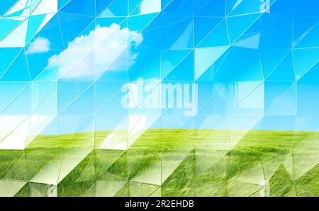 Weltumwelttagkonzept. Design von grüner Wiese und blauem Himmel Landschaftshintergrund.ökologischer Hintergrund.3D Abbildung. Stockfoto