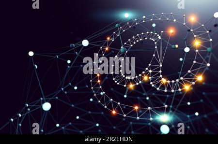 Kommunikationstechnologie für Internetunternehmen. Globales Netz und Telekommunikation. Cyberspace und technologischer Hintergrund. 3D Abbildung. Stockfoto