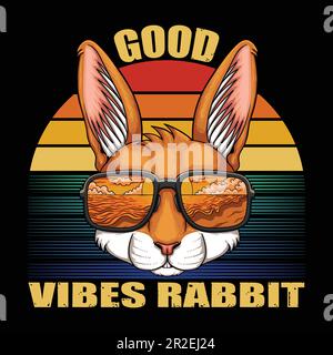 Kaninchen mit Brille sehen Sie die Retro-Vektordarstellung des Sonnenuntergangs am Strand für Ihr Unternehmen oder Ihre Marke Stock Vektor