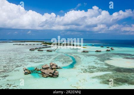 Luftaufnahme auf die Ferieninsel Lankanfushi, das Nordmännliche Atoll, den Indischen Ozean und die Malediven Stockfoto