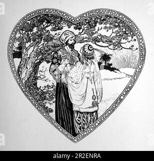 Von Rene Bull Strichzeichnung eines Mannes und einer Frau in einem herzförmigen Rahmen neben einem überhängenden Baum. Aus Richtung Rubaiyat von Omar Khayyam. Stockfoto