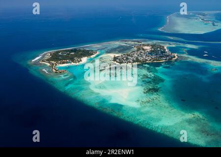 Einheimische Insel Guraidhoo und Touristeninsel Kandooma, Süd-Männlich-Atoll, Indischer Ozean, Malediven Stockfoto