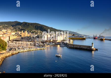 Hafen mit Fähren und Altstadt Bastia im Morgenlicht, Nordkorsika, Frankreich Stockfoto