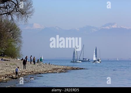 Malerecke mit Blick auf das Schloss Montfort, Langenargen, Bodensee, Baden-Württemberg, Deutschland Stockfoto