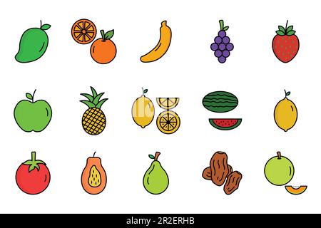 Einfaches Obstsymbol. Flacher Symbolstil. Enthält Symbole wie Erdbeere, Orange, Wassermelone und mehr. Einfache Vektorkonstruktion editierbar Stock Vektor