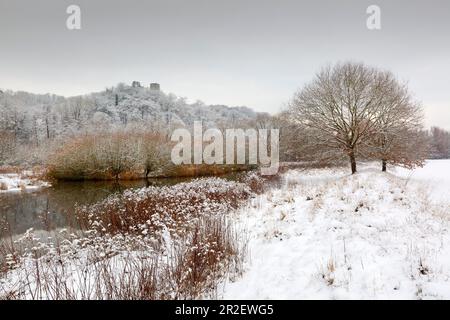 Ruhrwiesen im Winter, Blick auf Schloss Blankenstein, in der Nähe von Hattingen, Ruhrgebiet, Nordrhein-Westfalen, Deutschland Stockfoto