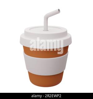 3D Render einer Tasse mit Kaffee und einem Strohhalm. Fastfood. Ein belebendes Getränk. Leuchtende Illustration im Cartoon-, Plastik-, Ton-3D-Stil. Isoliert auf einem Weißen Stockfoto