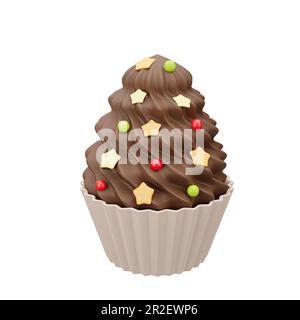 3D Prise Cupcake mit Schokoladencreme und Streuseln. Fastfood. Süßes Essen, Gebäck, Nachtisch. Helle Darstellung in Cartoon, Kunststoff, Ton 3D Stockfoto