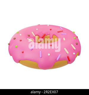 3D ml Donut mit rosa Glasur und Streusel. Fastfood. Süßes Essen, Gebäck, Nachtisch. Leuchtende Illustration im Cartoon-, Plastik-, Ton-3D-Stil. Stockfoto