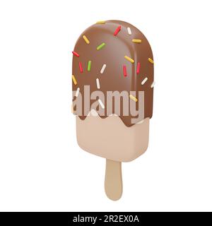 3D Stück Eis am Stiel mit Schokoladeneis und Streusel. Fast Food, süßes Sommerdessert. Helle Illustration in Cartoon, Plastik, Ton Stockfoto