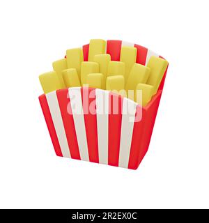 3D Pommes Frites in einer gestreiften Schachtel. Fastfood. Fett, Müll, ungesundes Essen. Leuchtende Illustration im Cartoon-, Plastik-, Ton-3D-Stil. Isoliert Stockfoto