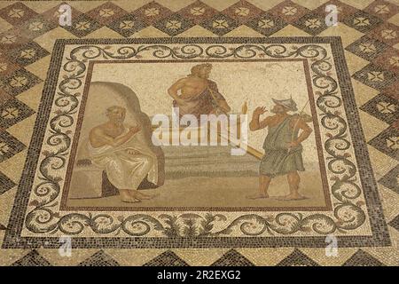 Mosaik mit Bild der Ankunft von Hypokraten, Archäologisches Museum, Stadt Kos, Insel Kos, Dodekanese Stockfoto