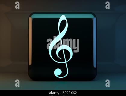 Musikkonzept online oder im Internet. Taste oder Würfel mit Bassklammer auf schwarzem Hintergrund. Stockfoto