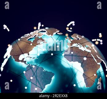 Globale Telekommunikation und Cloud-Computing und Weltkarte GLOBE.Konzept globaler Technologie und Netzwerkinformationen.3d Abbildung Stockfoto