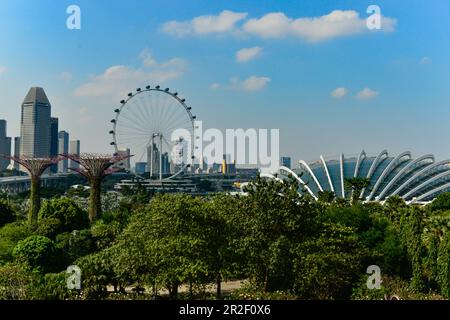 Blick auf die Halle und die Türme der Gärten an der Bucht und den Singapore Flyer, Singapur Stockfoto