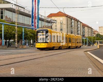 Straßenbahnfahrzeug NGT DX DD auf Linie 2, Richtung Gorbitz. Öffentliche Verkehrsmittel der Dresdner Verkehrsbetriebe. Stockfoto