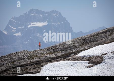 Frauen wandern über Felsen, Berge der Dolomiten im Hintergrund, mit Schneefelder, Cinque Torri Südtirol Stockfoto