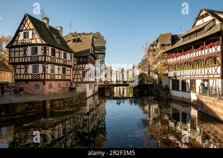 Traditionelle Fachwerkhäuser am Kanal im Viertel La Petite France im sonnigen Herbst, Straßburg, Elsass-Champagne-Ardenne-Lothringen, Frankreich, EUR Stockfoto