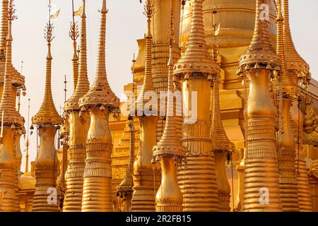 Shwe Inn Dein Pagode - Stupa Feld mit goldenen Stupas im Abendlicht am Inle Lake, Nyaung Shwe, Myanmar Stockfoto