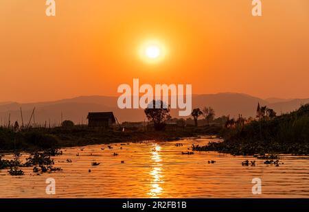 Inle Lake bei Sonnenuntergang auf Bootsfahrt, Nyaung Shwe, Myanmar Stockfoto