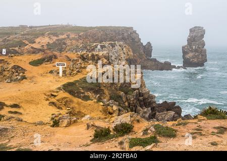 Felsformationen „Papoa“ auf der Halbinsel Peniche im leichten Nebel, Peniche, Portugal Stockfoto