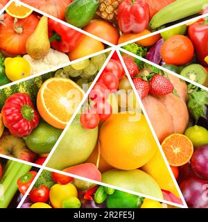 Hintergrund verschiedener Gemüse- und Obstsorten. Collage. Stockfoto