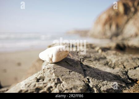 Weißer Stein auf einem Felsen am Big Sur Beach, Kalifornien, USA. Stockfoto