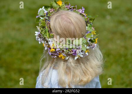 Ein Mädchen trägt Blumen im Haar, Midsummer Festival, Långaryd, Halland, Schweden Stockfoto