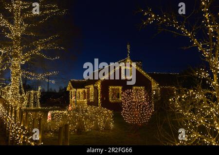 Wunderschöne Weihnachtsdekorationen an Haus und Garten bei Nacht, Långaryd, Halland, Schweden Stockfoto
