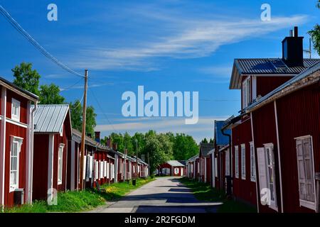 Eine Straße mit traditionellen Holzhäusern in Gammelstad, Luleå, Norrbottens län, Schweden Stockfoto