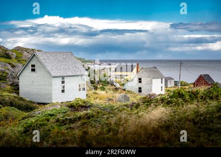 Häuser an der Ostküste an einer felsigen Küste mit Blick auf den Atlantischen Ozean bei Keels Newfoundland Canada. Stockfoto